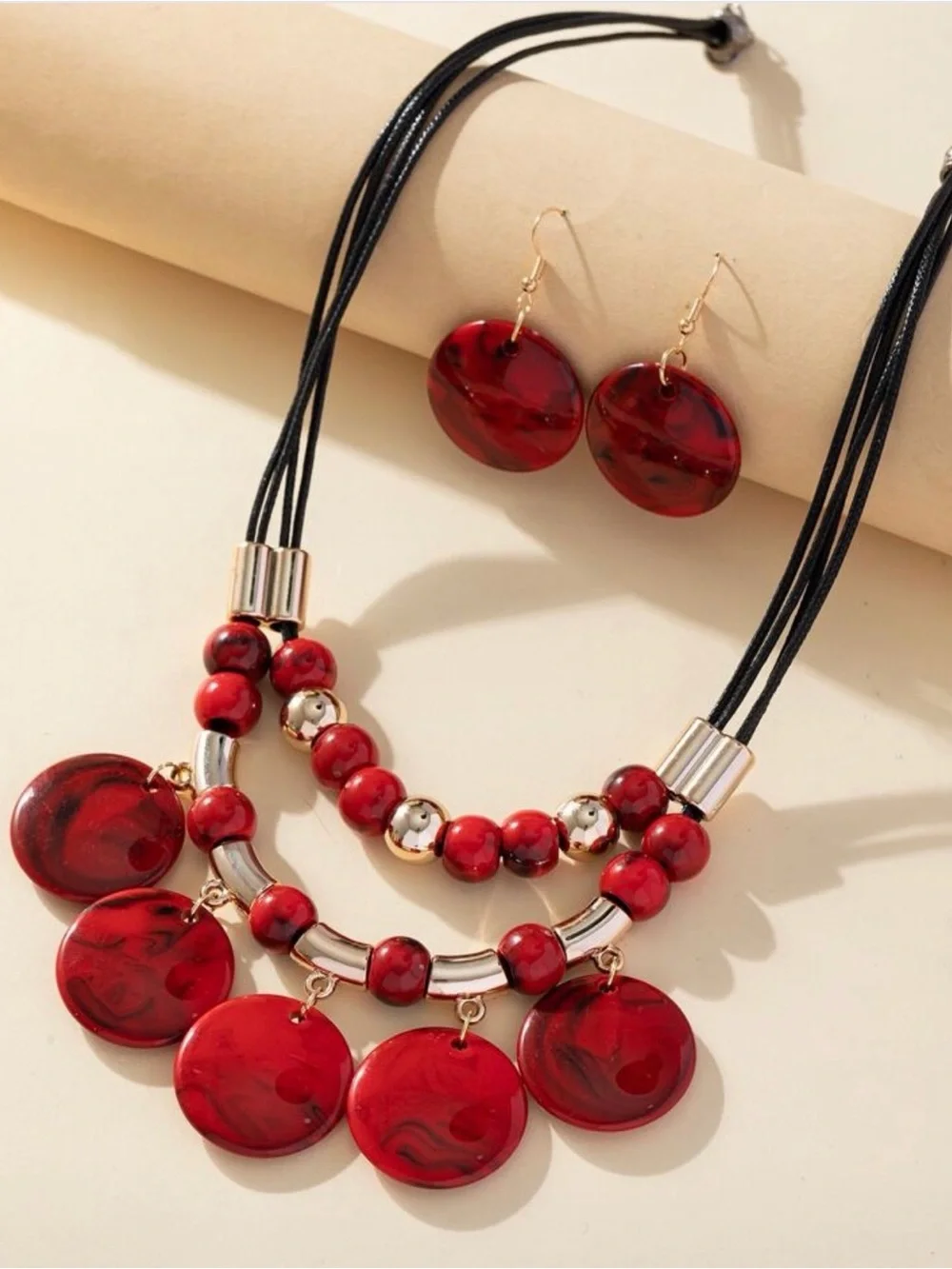 Red Statement Beaded Necklace & Earring Set - Unbranded
